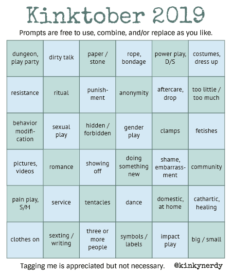 Kinktober 2019 prompt list with 36 prompts in a 'bingo' layout. Prompts are listed in the post below.